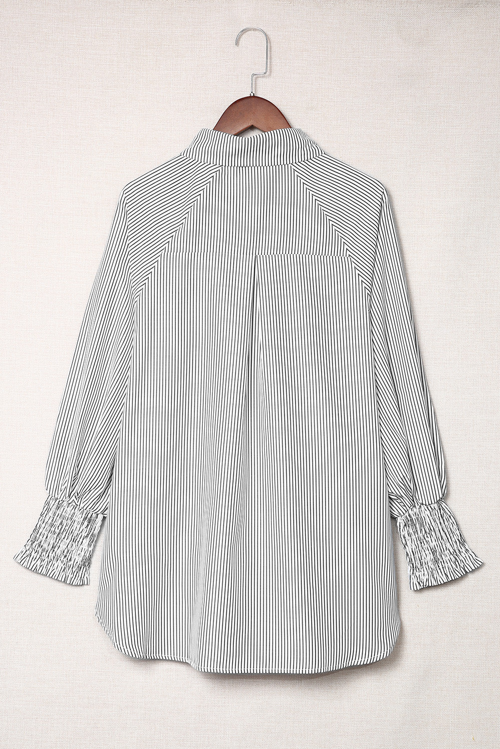 Black Striped Casual Shirred Cuffs Shirt