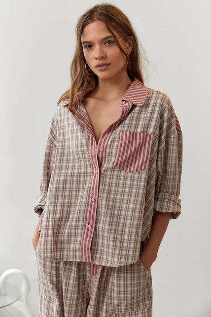 Ropa de otoño para mujer, ropa informal para el hogar, traje de camisa a cuadros