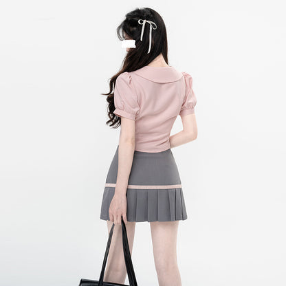 Short Pleated Skirt With Waistband Shirt