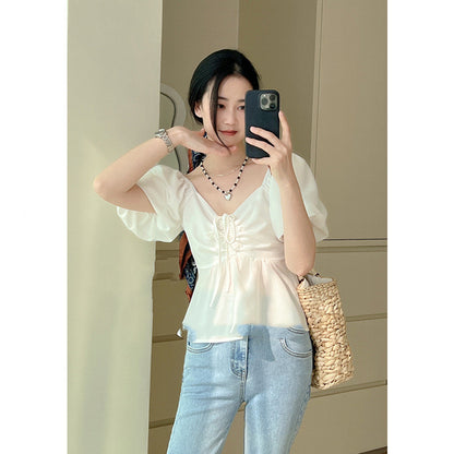 Women's New Square Collar Slim Waist Shirt Short Top