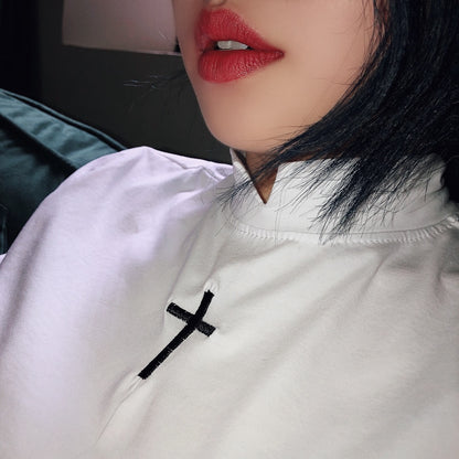 Cross T-shirt Female Net Red Shortsleeved Tide Small Stand Collar Handsome Hiphop Street Short Paragraph Pure Black Pure White