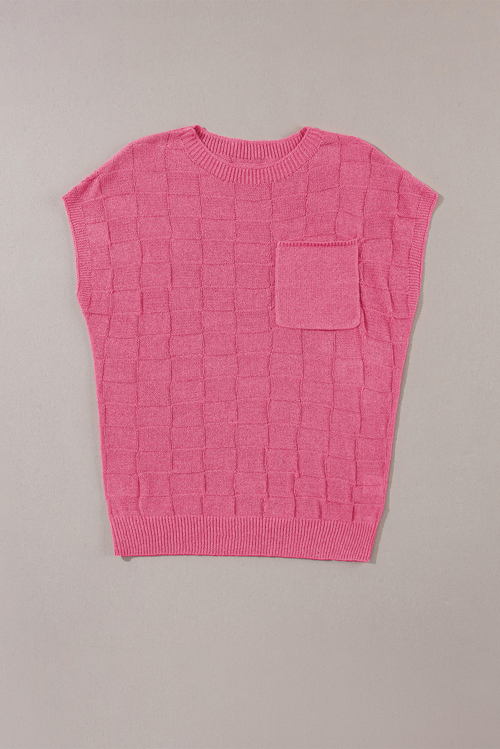 Pull à manches courtes en tricot texturé en treillis rose vif