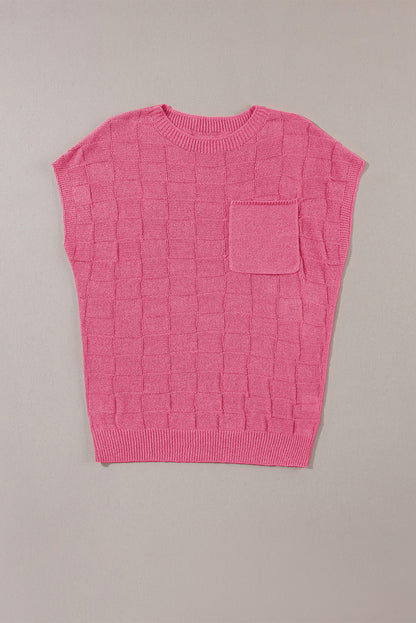 Bright Pink Lattice Textured Knit Short Sleeve Sweater