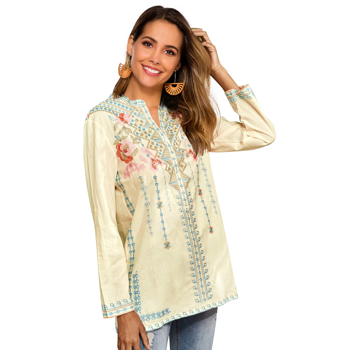 Long Sleeve Shirt Embroidered Mid-length Stand Collar