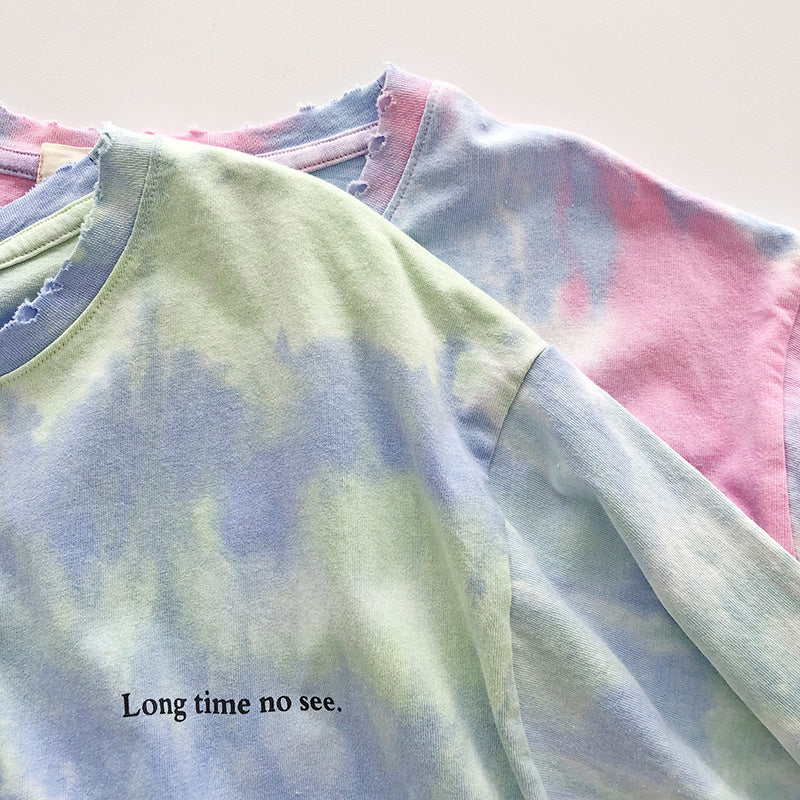 Washed and worn tie-dyed short sleeves