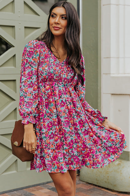 Purple Smocked V Neck Puffy Sleeve Floral Dress