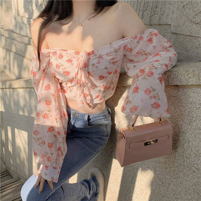 Puff Sleeve Square Neck Floral One Shoulder Chiffon Shirt Women's