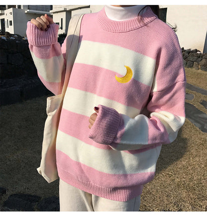 Color matching girl student wide striped knit