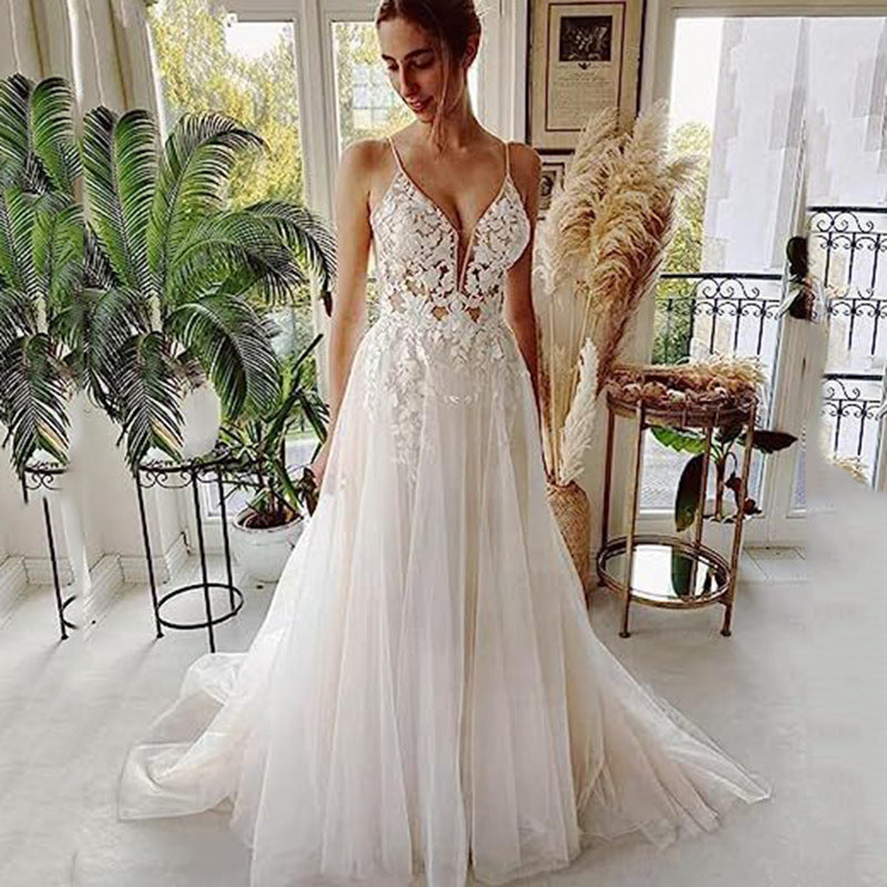 Vestido de novia para mujer con tirantes de encaje sin espalda