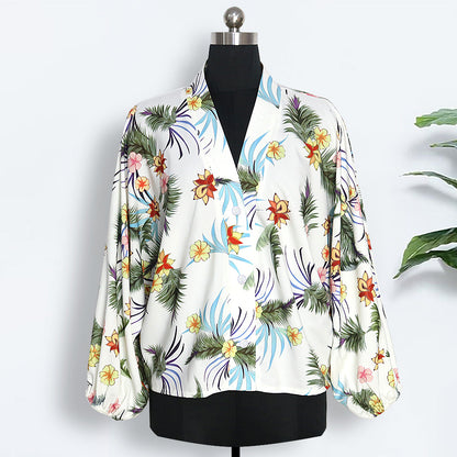 Deep V bubble long sleeve printed shirt