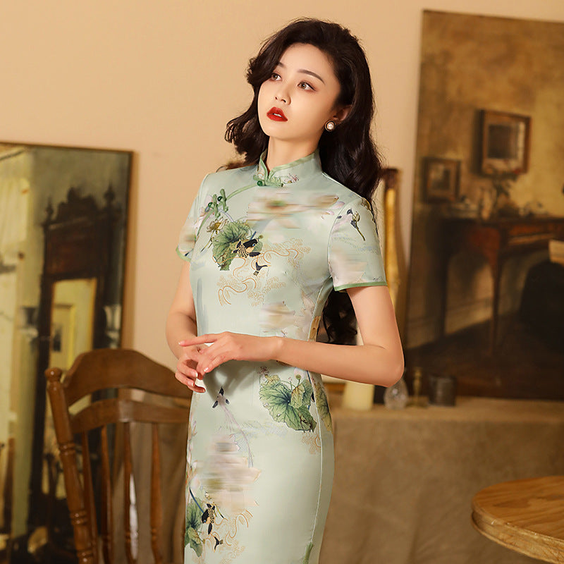 Lotus Internet Celebrity Cheongsam Video corto Vestido Cheongsam diario