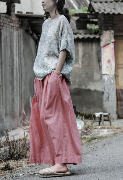 Stylish And Personalized Design Cotton And Linen Loose Big Leg Trousers Retro Elastic Waist