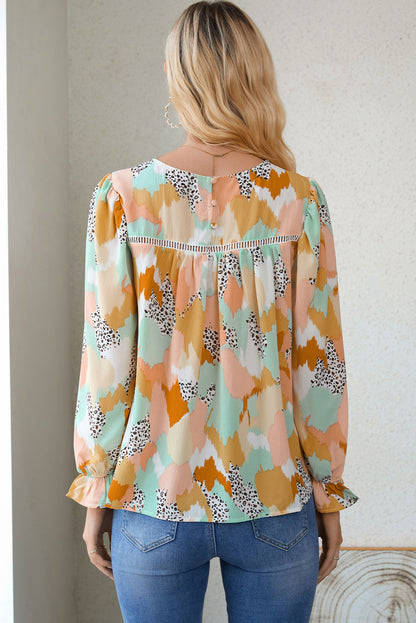 Printed Flounce Sleeve Buttoned Blouse