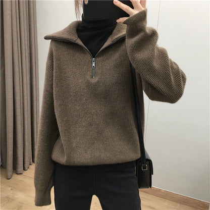 Korean Style Zipper Half-open Collar Lazy Sweater Women