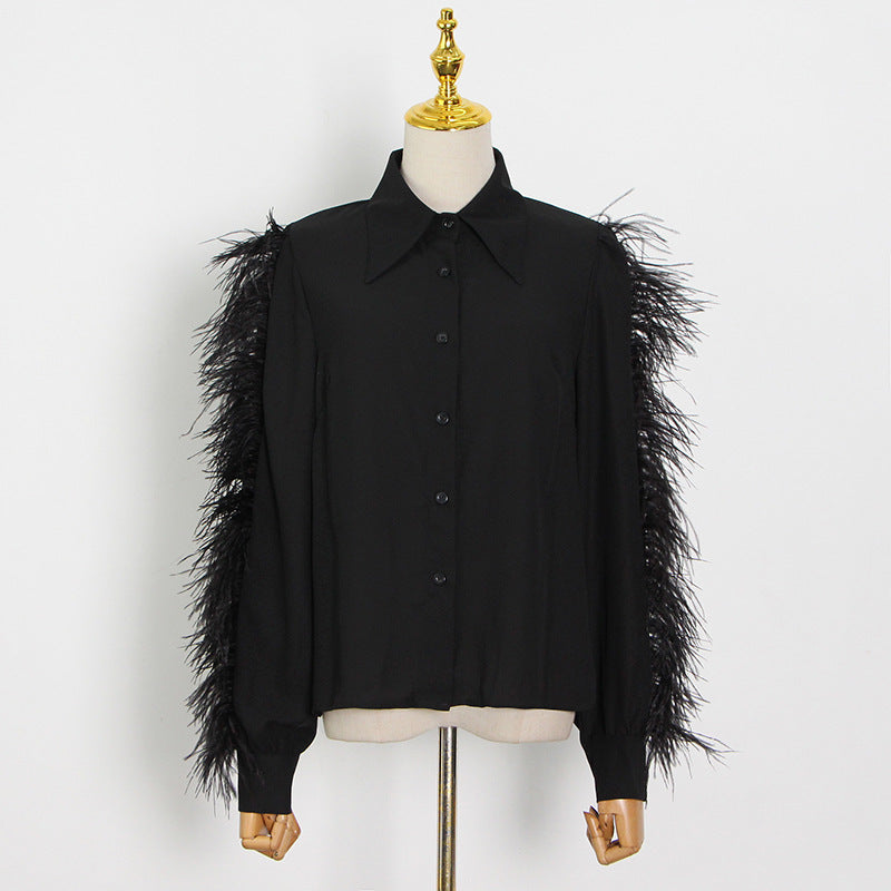 Lapel Long Sleeve Ostrich Hair Panel Shirt