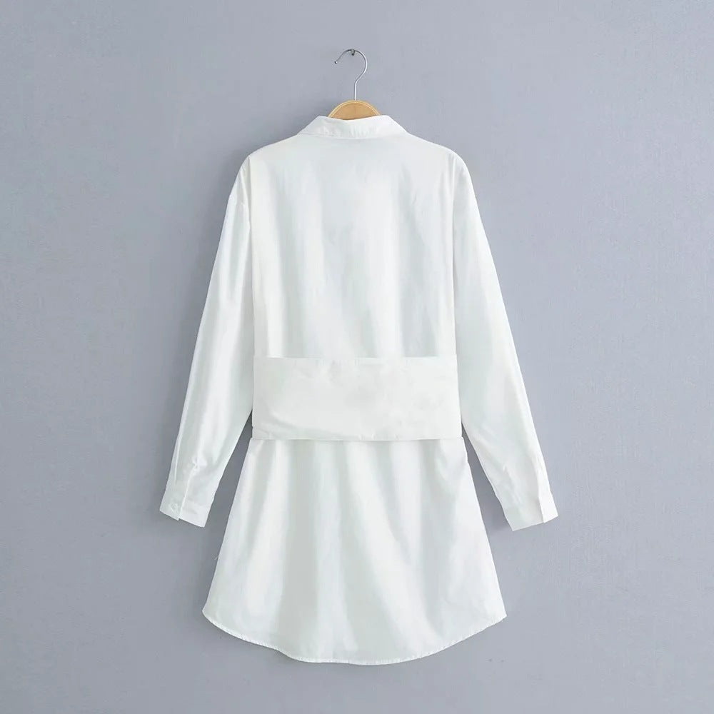 Long sleeve white shirt dress with tie waist