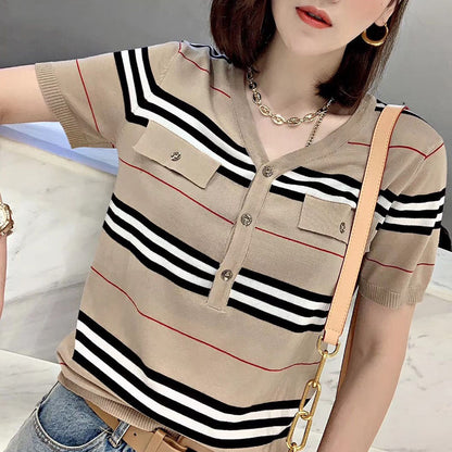 Fake Pocket Striped Ice Silk Sweater Women Short Sleeves