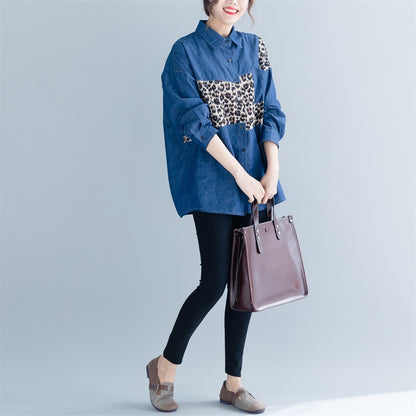 Leopard Print Stitching Western Style Was Thin Loose Long-sleeved Shirt Fat Women Covering Belly Big Size