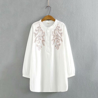 Loose Long-sleeved Stand-collar Ethnic Embroidery Shirt Women's Clothing