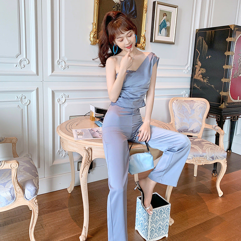 New Tube Top One Shoulder Vest Wide Leg Pants Suit