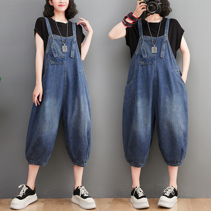 Women's New Style Denim Overalls Loose Retro Slim Stripes