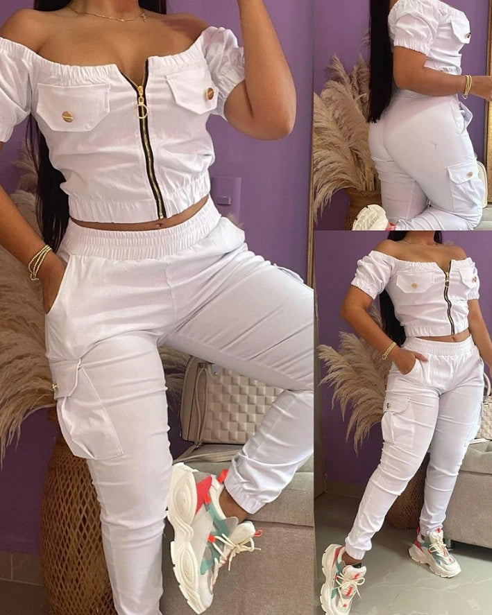 White Off-shoulder Short Sleeve Patch Pocket Top Suit Casual Trousers