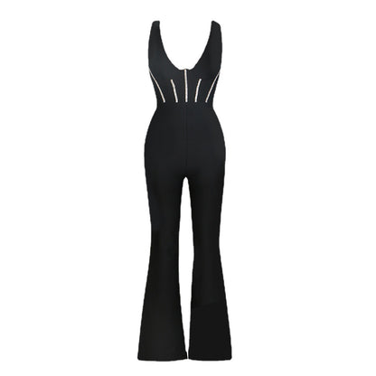 Black Deep V-neck Tube Top Backless Diamond Slim Bandage Jumpsuit