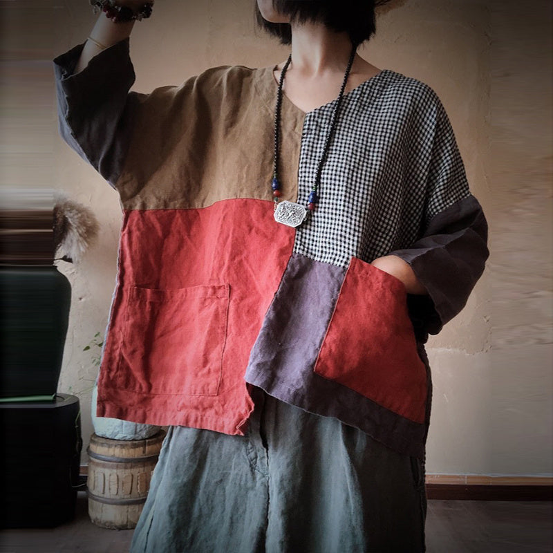 Patchwork Linen Loose Summer And Autumn Blouse