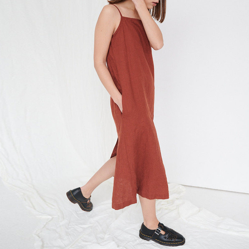 Sling Dress Summer Basic Style Versatile Cotton And Linen Split Mid-length