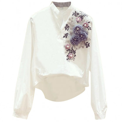 V-neck Long-sleeved Shirt Women Casual All-match White Shirt