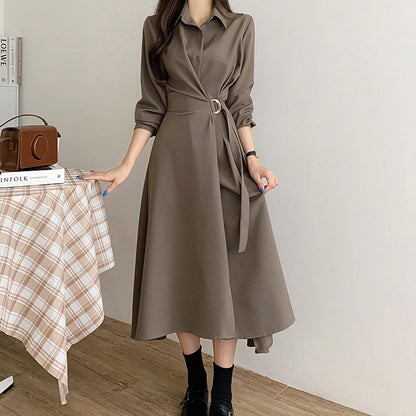 Single-breasted Side Lace-up Waist-controlled Solid Color Below The Knee Long Sleeve Dress