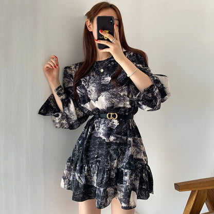 Elegant Temperament Ink Printing Design Round Neck Slim High Waist Lantern Sleeves Ruffled Dress