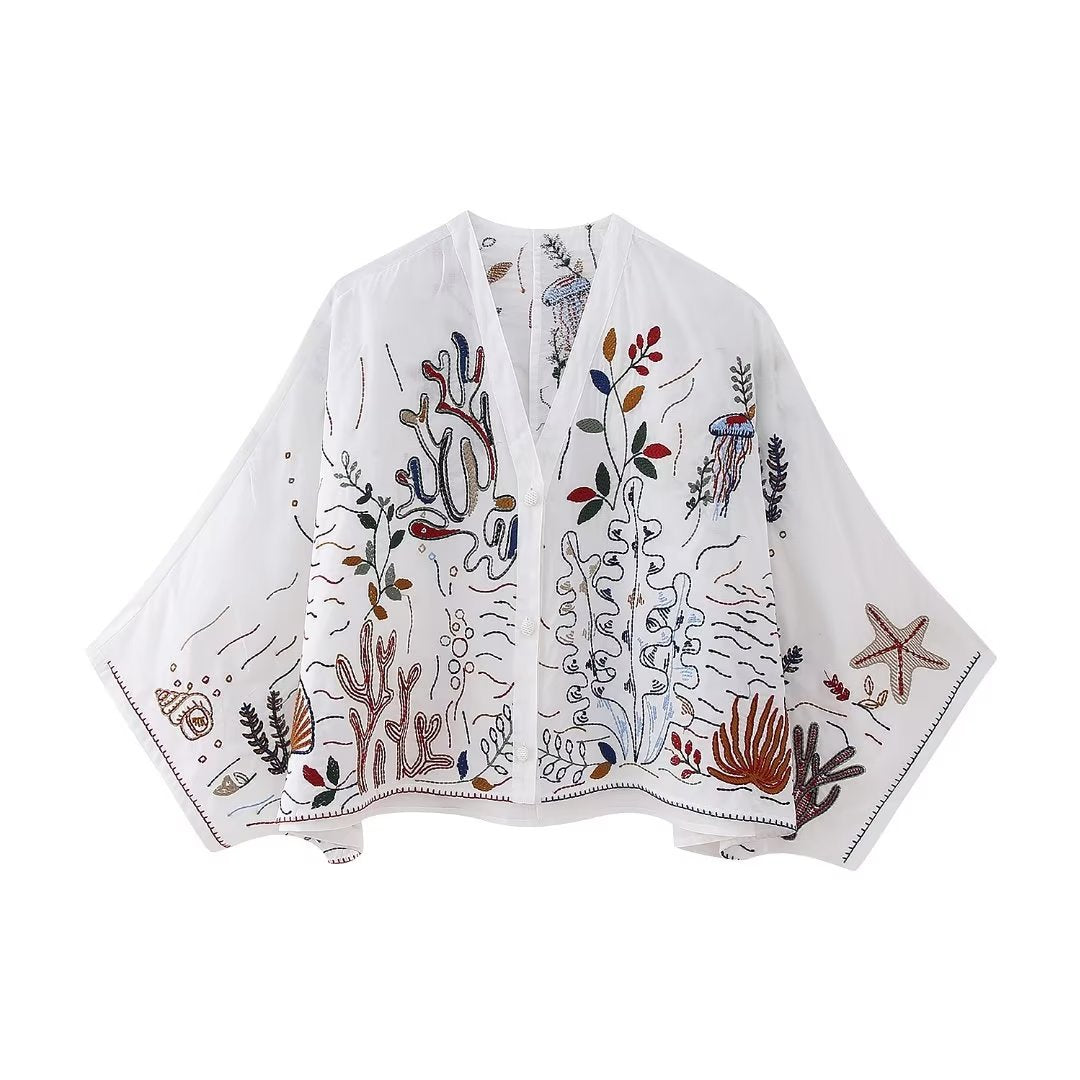 V-neck Embroidery Breasted Shirt High Waist Embroidery Skirt Suit