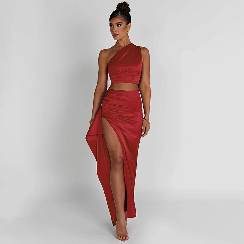 One-shoulder Satin Short Top High Waist Split Maxi Dress E