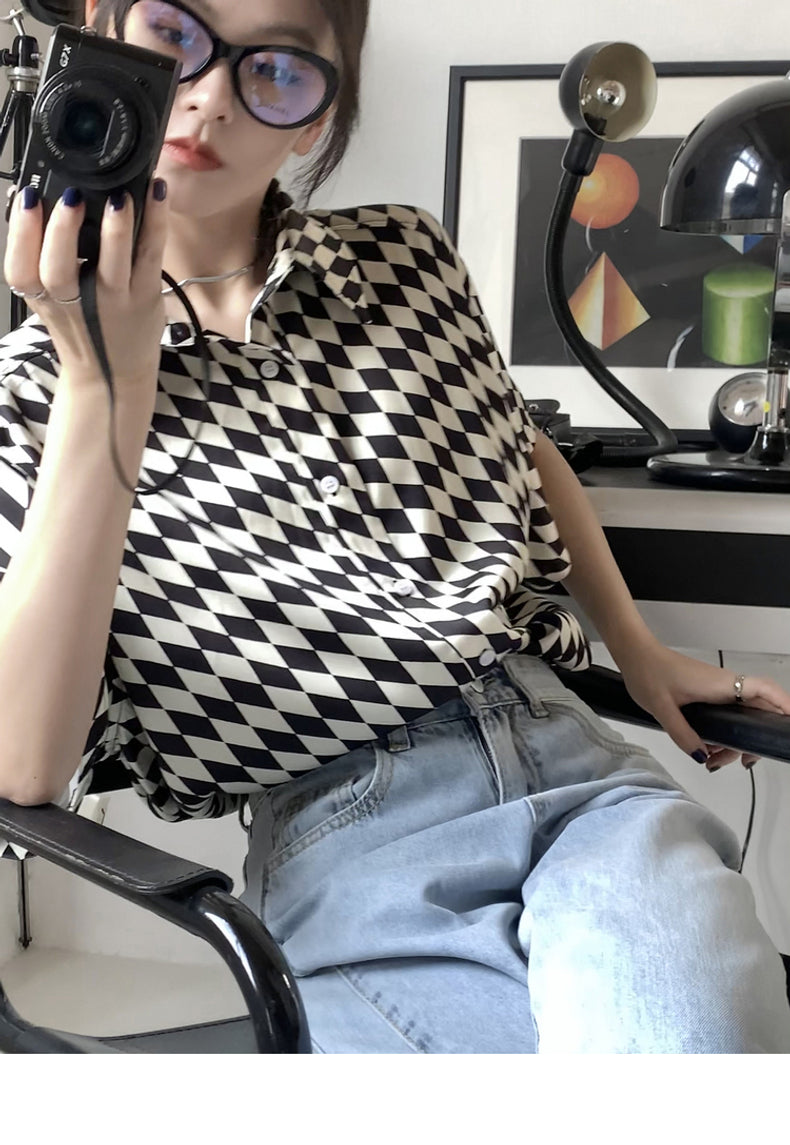 Black And White Checkerboard Shirt Short-sleeved Women's Thin POLO Collar Loose Ins Small Shirt