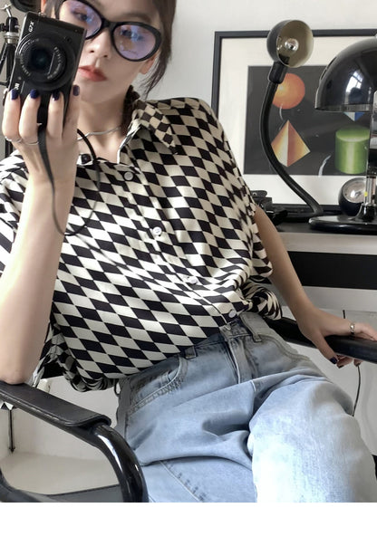 Black And White Checkerboard Shirt Short-sleeved Women's Thin POLO Collar Loose Ins Small Shirt