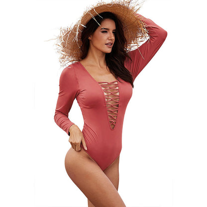 New Surfing One Piece Women's Long-sleeved Chest Cross Swimsuit