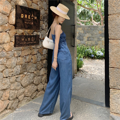 Retro Slim Pleated Suspender Denim One Piece Wide Leg Pants