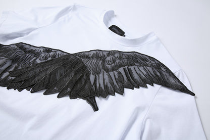 Short Sleeve Design Personality Blouse With Angel Wings Embroidery Applique T-shirt For Women