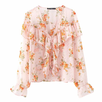 Ruffled long sleeve chiffon shirt feminine lace bottoming shirt