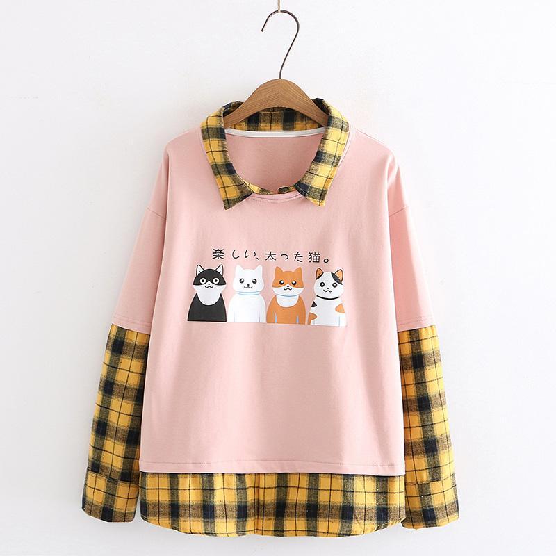 Sweater Fake Two-Piece Stitching Plaid Girl Big Boy New Loose Four Cats Print