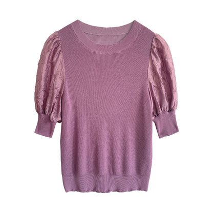 Women's Round Neck Puff Sleeve Knit Top