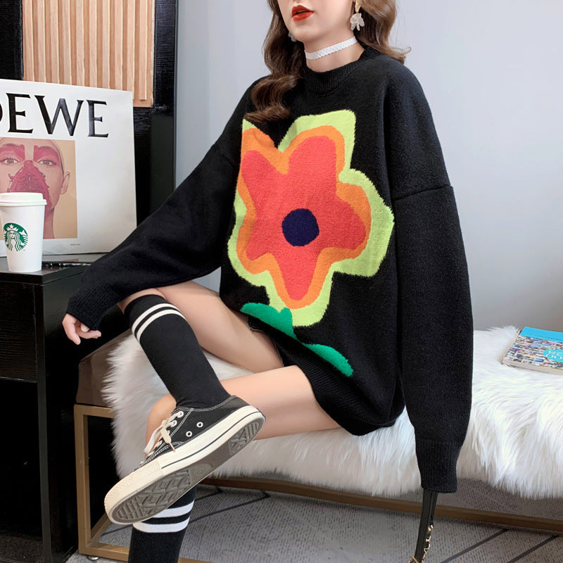 Large Flower Sweater Round Neck Long Sleeve