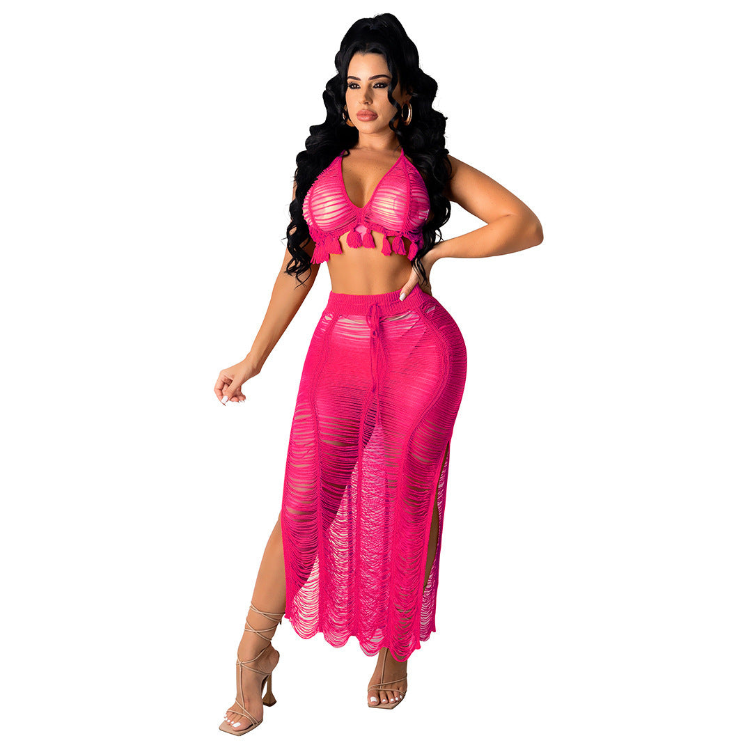 See-through Tassel Knitted Beach Skirt Suit