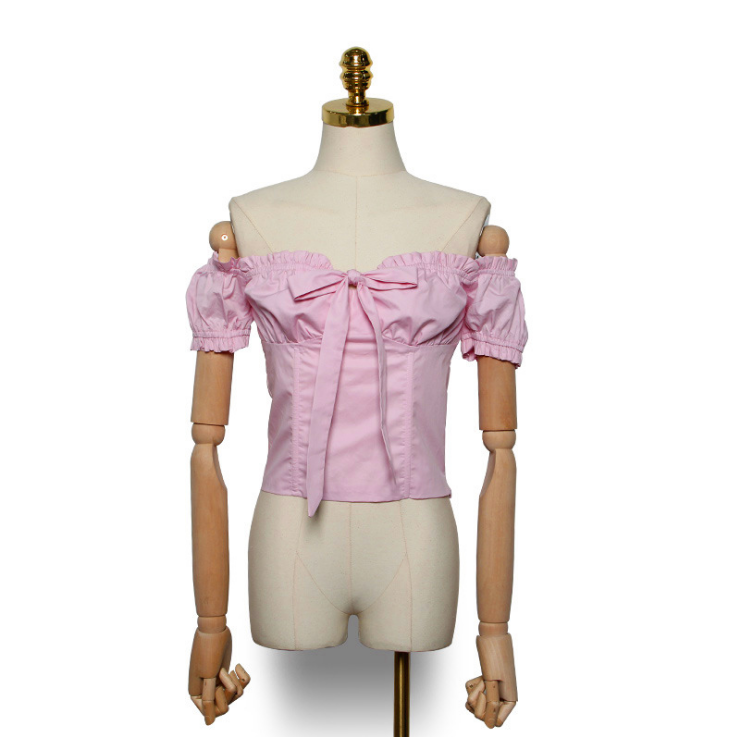 Camisa de mujer sexy de manga corta con hombros descubiertos y cuello bowknot