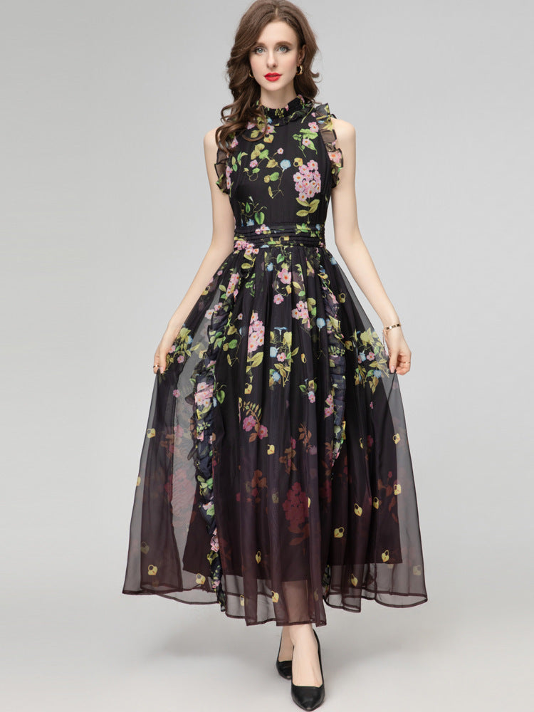 Printed Ruffled Stitching Sleeveless Pleated Chiffon Long Dress