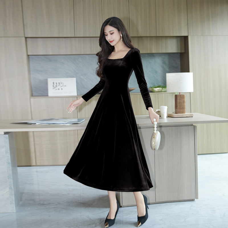 Women's Elegant Temperament Square Collar High-end Velvet Slim Fit Long Sleeve Dress