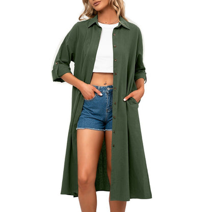 Single Breasted Long Sleeve Loose Casual Hem Slit Long Shirt Women