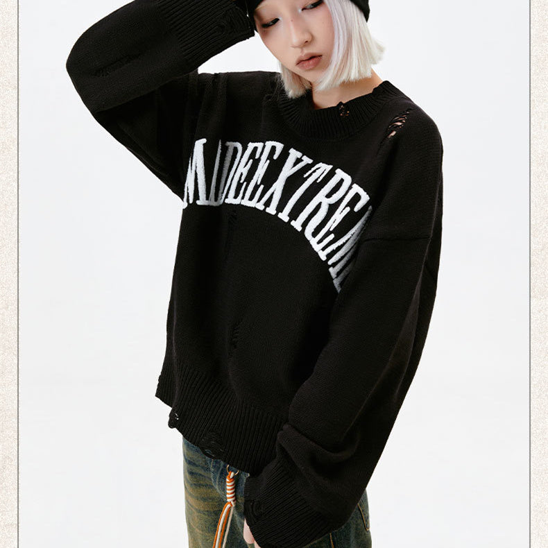 Letter Idle Style Wormhole Damaged Knitted Sweater