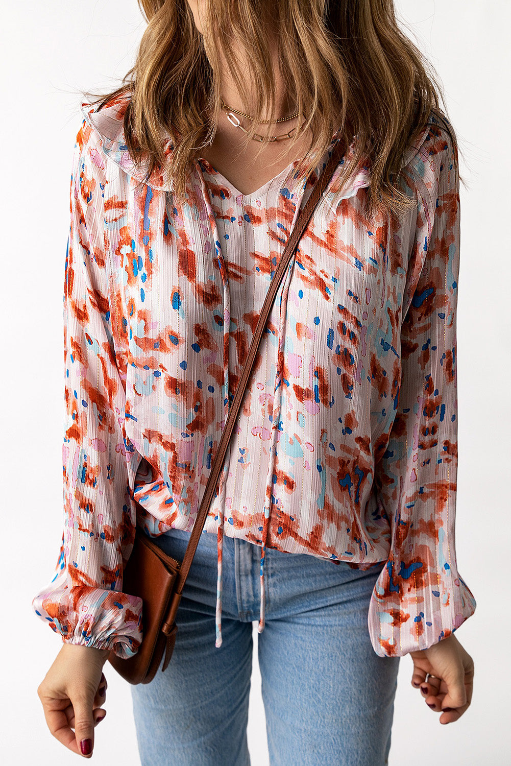 Blouse imprimée à manches ballon et volants